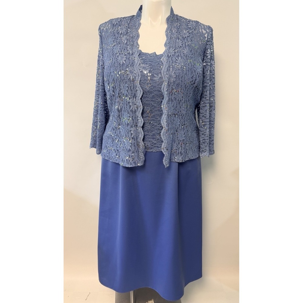 ALEX EVENINGS Satin Lace Sequin Dress & Jacket 2pc Set Blue 18W Mother Of Bride